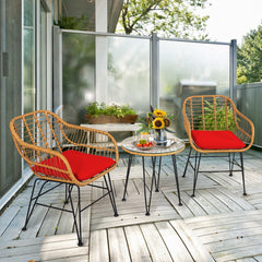 3 Piece Patio Rattan Bistro Set, 2 Open Weave Tub Chairs Rated 400 lb with Red Cushions and a 19.5 in Round Glass Table