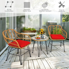 3 Piece Patio Rattan Bistro Set, 2 Open Weave Tub Chairs Rated 400 lb with Red Cushions and a 19.5 in Round Glass Table