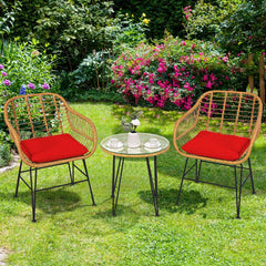 3 Piece Patio Rattan Bistro Set, 2 Open Weave Tub Chairs Rated 400 lb with Red Cushions and a 19.5 in Round Glass Table