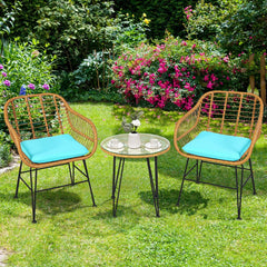 3 Piece Patio Rattan Bistro Set, 2 Open Weave Tub Chairs Rated 400 lb with Turquoise Cushions and a 19.5 in Round Glass Table