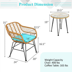 3 Piece Patio Rattan Bistro Set, 2 Open Weave Tub Chairs Rated 400 lb with Turquoise Cushions and a 19.5 in Round Glass Table
