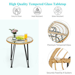 3 Piece Patio Rattan Bistro Set, 2 Open Weave Tub Chairs Rated 400 lb with Turquoise Cushions and a 19.5 in Round Glass Table