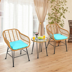 3 Piece Patio Rattan Bistro Set, 2 Open Weave Tub Chairs Rated 400 lb with Turquoise Cushions and a 19.5 in Round Glass Table
