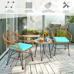 3 Piece Patio Rattan Bistro Set, 2 Open Weave Tub Chairs Rated 400 lb with Turquoise Cushions and a 19.5 in Round Glass Table