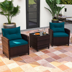 3 Piece Patio Rattan Conversation Set, 2 Wicker Sofas with Peacock blue Cushions, 21.5 in Seat Height and Glass Top Table