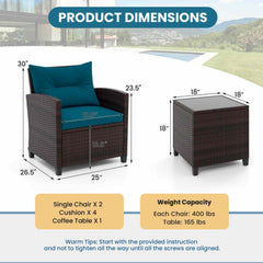 3 Piece Patio Rattan Conversation Set, 2 Wicker Sofas with Peacock blue Cushions, 21.5 in Seat Height and Glass Top Table