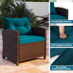 3 Piece Patio Rattan Conversation Set, 2 Wicker Sofas with Peacock blue Cushions, 21.5 in Seat Height and Glass Top Table
