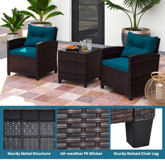 3 Piece Patio Rattan Conversation Set, 2 Wicker Sofas with Peacock blue Cushions, 21.5 in Seat Height and Glass Top Table