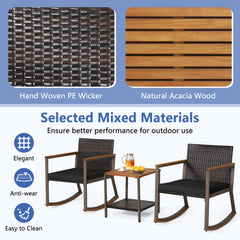 3 Piece Patio Rattan Rocking Bistro Set, 2 Rockers Rated 400 lb with Black Cushions and a Two Tier Acacia Top Table