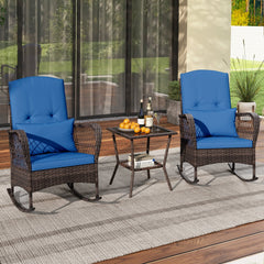 3 Piece Patio Wicker Rocking Chair Set, 2 High Back Rockers with Blue Cushions and Lumbar Pillows and a Two Tier Glass Top Table