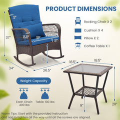 3 Piece Patio Wicker Rocking Chair Set, 2 High Back Rockers with Blue Cushions and Lumbar Pillows and a Two Tier Glass Top Table