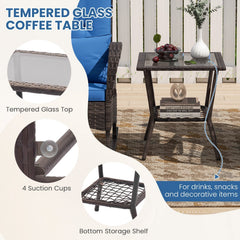 3 Piece Patio Wicker Rocking Chair Set, 2 High Back Rockers with Blue Cushions and Lumbar Pillows and a Two Tier Glass Top Table