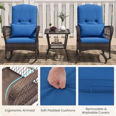 3 Piece Patio Wicker Rocking Chair Set, 2 High Back Rockers with Blue Cushions and Lumbar Pillows and a Two Tier Glass Top Table