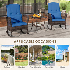 3 Piece Patio Wicker Rocking Chair Set, 2 High Back Rockers with Blue Cushions and Lumbar Pillows and a Two Tier Glass Top Table
