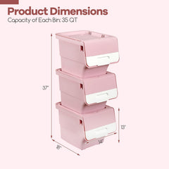 3 Pieces Storage Bins on Wheels Stackable Plastic Boxes with Stay-Open Lid (M)-Pink