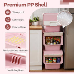 3 Pieces Storage Bins on Wheels Stackable Plastic Boxes with Stay-Open Lid (M)-Pink