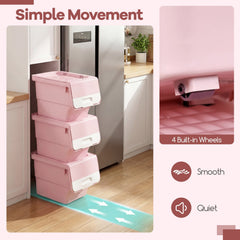 3 Pieces Storage Bins on Wheels Stackable Plastic Boxes with Stay-Open Lid (S)-Pink