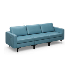3 Seat Modular Sofa in Blue Leather Look Fabric, 94.5 in Wide, 1980 lb Capacity and Armrest Caddy