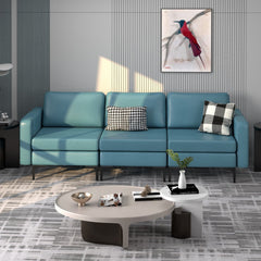 3 Seat Modular Sofa in Blue Leather Look Fabric, 94.5 in Wide, 1980 lb Capacity and Armrest Caddy