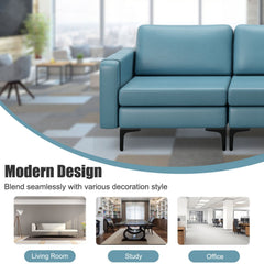3 Seat Modular Sofa in Blue Leather Look Fabric, 94.5 in Wide, 1980 lb Capacity and Armrest Caddy