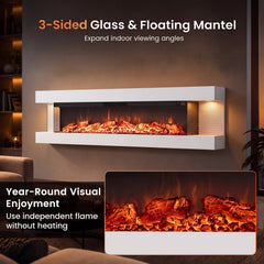 3-Sided White Wall Mount Electric WiFi Fireplace with Floating Mantel and 12 Flame Ambient-60 Inches