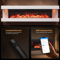 3-Sided White Wall Mount Electric WiFi Fireplace with Floating Mantel and 12 Flame Ambient-60 Inches