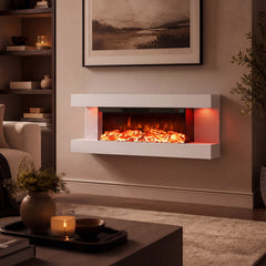 3-Sided, White Wall Mount Electric WiFi Fireplace with Floating Mantel and 12 Flame Ambient Colors-40 inches
