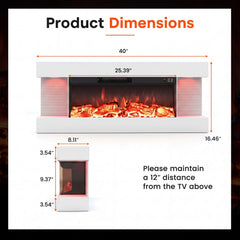 3-Sided, White Wall Mount Electric WiFi Fireplace with Floating Mantel and 12 Flame Ambient Colors-40 inches