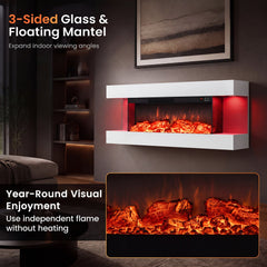 3-Sided, White Wall Mount Electric WiFi Fireplace with Floating Mantel and 12 Flame Ambient Colors-40 inches