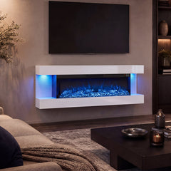 3-Sided, White Wall Mount Electric WiFi Fireplace with Floating Mantel and 12 Flame Ambient Colors-50 inches