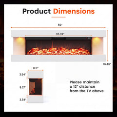 3-Sided, White Wall Mount Electric WiFi Fireplace with Floating Mantel and 12 Flame Ambient Colors-50 inches