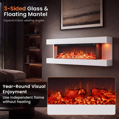 3-Sided, White Wall Mount Electric WiFi Fireplace with Floating Mantel and 12 Flame Ambient Colors-50 inches