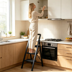 3 Step Black Folding Step Stool with Wide Anti-slip Pedals
