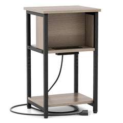3-Tier End Table with 2 Power Outlets and 2 USB Ports, Grey and Black