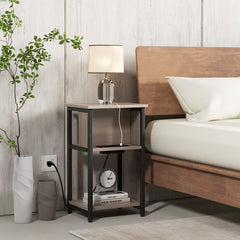 3-Tier End Table with 2 Power Outlets and 2 USB Ports, Grey and Black