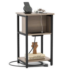 3-Tier End Table with 2 Power Outlets and 2 USB Ports, Grey and Black