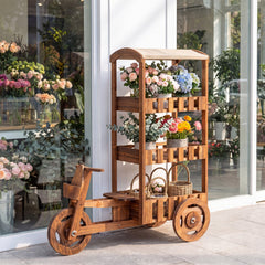 3-Tier Fir Wood Plant Stand with Fabric Canopy and 3 Wheels-Brown