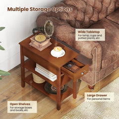 3-Tier Narrow End Table with Drawer and Storage Shelves Set of 2-Brown