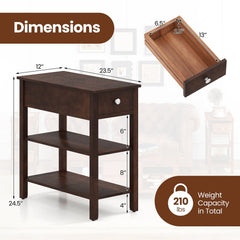 3-Tier Narrow End Table with Drawer and Storage Shelves Set of 2-Walnut