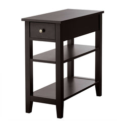 Narrow 3 Tier End Table with Drawer and Two Shelves, Coffee Brown