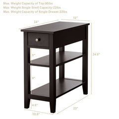 Narrow 3 Tier End Table with Drawer and Two Shelves, Coffee Brown