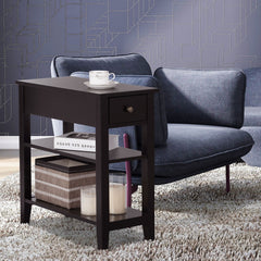 Narrow 3 Tier End Table with Drawer and Two Shelves, Coffee Brown