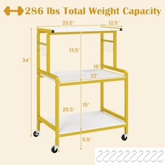 3-Tier Rolling Microwave Cart with Power Outlet and Lockable Wheels and 10 Hooks-White