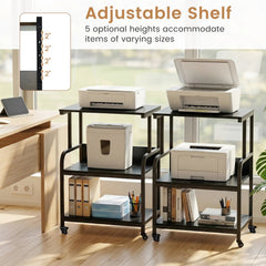 3-Tier Rolling Printer Stand with Adjustable Shelf and Lockable Wheels-Black