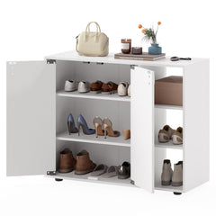 3-Tier Shoe Cabinet with Doors with Adjustable Open Shelves for Entryway-White