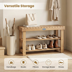 3-Tier Solid Wood Shoe Rack Bench with Slatted Shelves-M