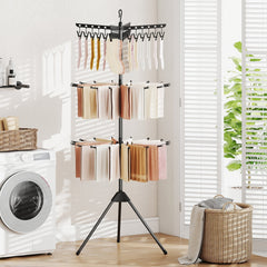 3-Tier Tripod Freestanding Folding Clothes Drying Rack with 24 Clips-Black