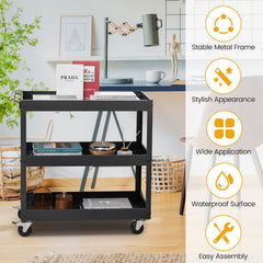 3-Tier Utility Cart Rolling Metal Cart with Handle and Universal Wheels-Black