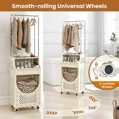 3-Tiers Laundry Cart Folding Hamper with Hanging Bar and 8 Hanging Hooks