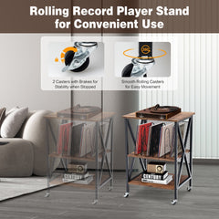 Rolling 3 Tier Record Player Stand and End Table with Album Dividers
